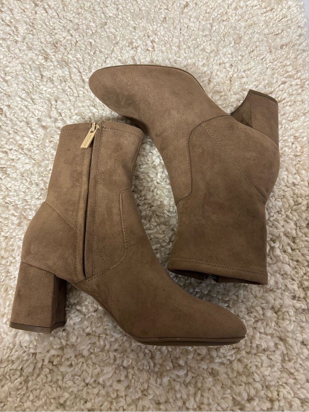 Anne Klein Taupe Suede Mid-Calf Block Heel Boots